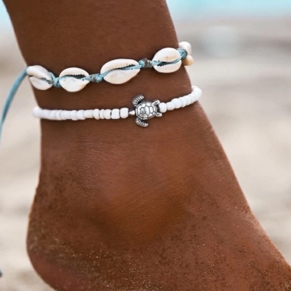 3/$30 Cowrie Shell & Turtle Bead Anklet Set